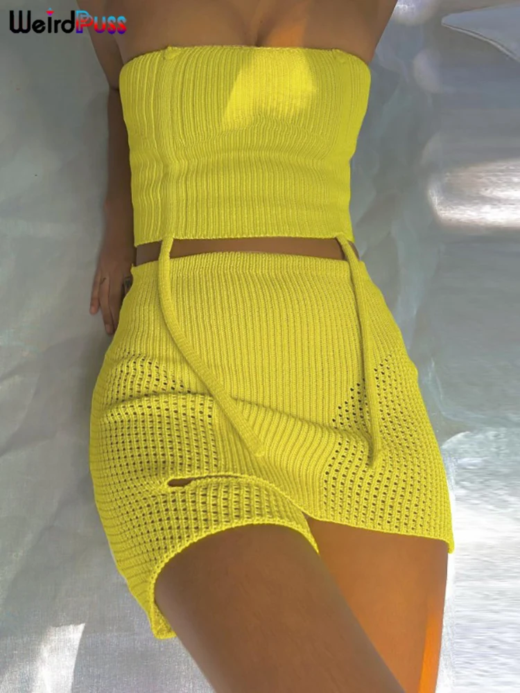 Strano Puss Knit Crochet Women 2Piece Set Skinny elegante senza spalline Halter Top + gonne irregolari elastico abbinato Streetwear Outfit