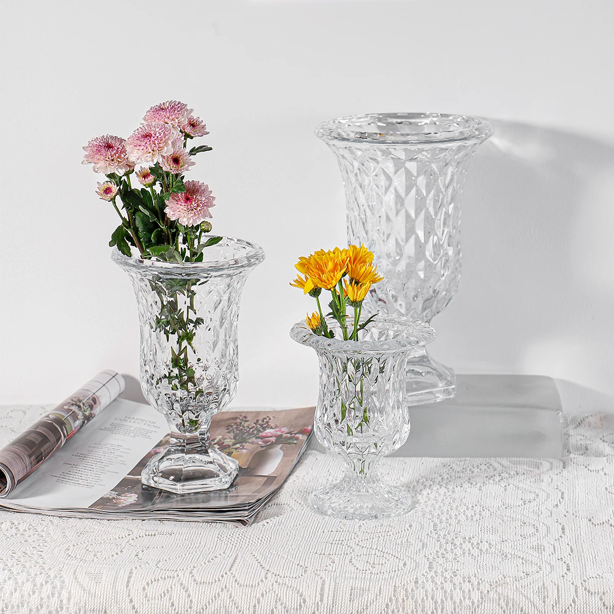 

14Cm Middle Diamond Design Bohemia Style Glass Vase Decoration Round Glass Flower Vase Clear Glass Vase