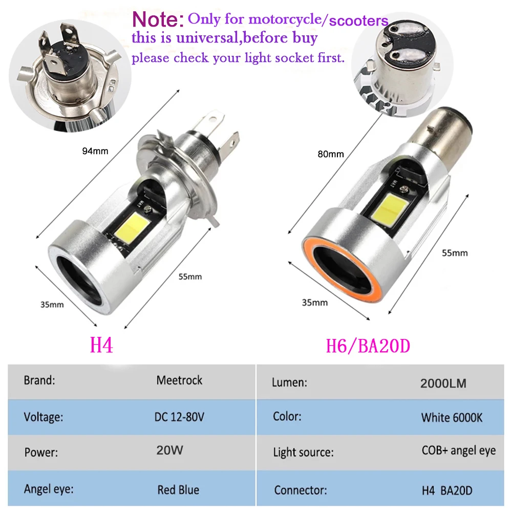 Red &amp Blue Angel Eye H4 LED Motorcycle Headlight BA20D H6 Scooter Bulb Light Accessories Motorbike DRL 12-80V Headlamp Lightings |