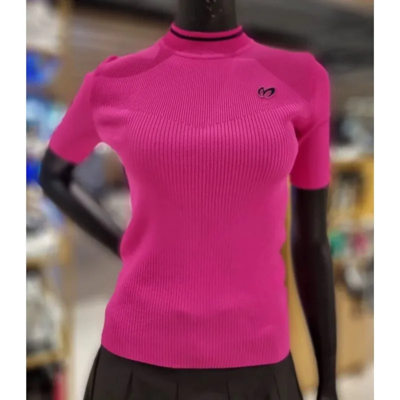  Women's Mock Neck Ribbed Knit Scallop Short Sleeve T Shirt Tops