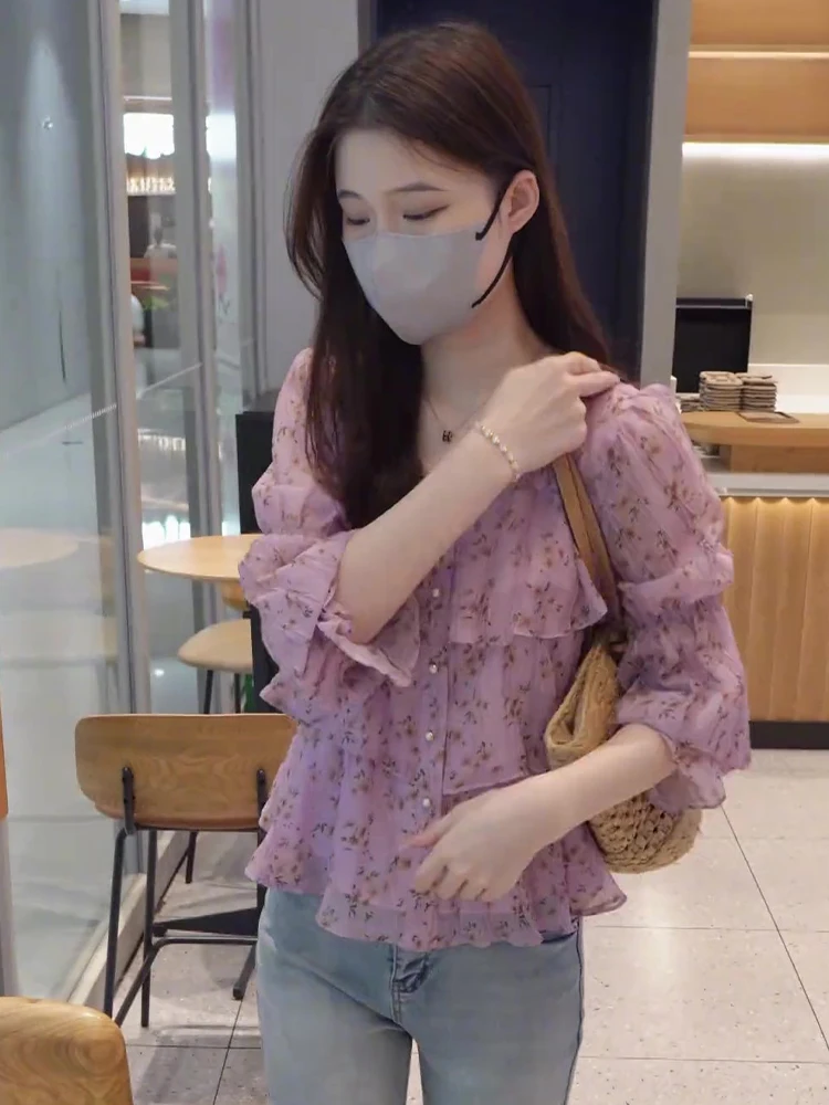 Рубашки с французским вырезом High Sense и цветочным принтом женские летние новые