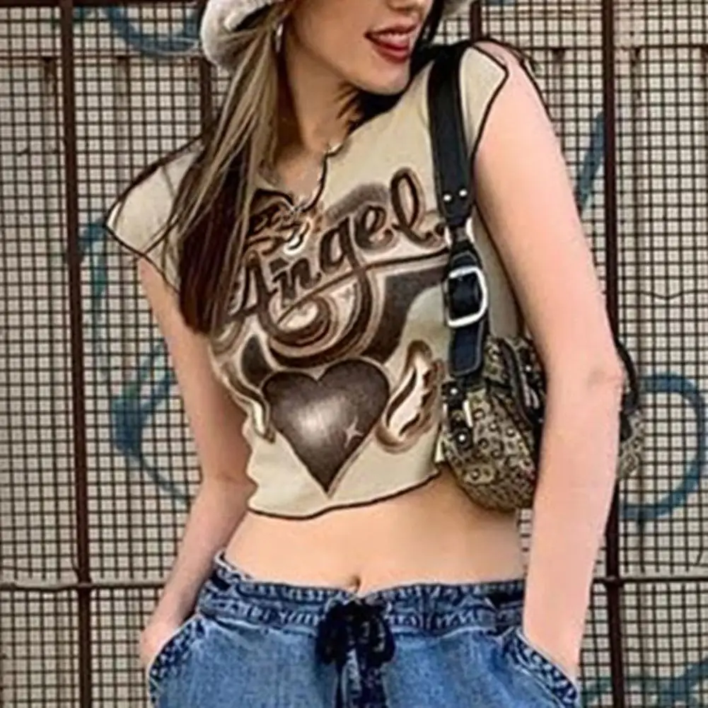 

Summer 2022 Y2K Print Letter Crop Tops Women Fashion Cute Skinny Short Sleeve O Neck Baby T Shirts Aesthetics Kawaii