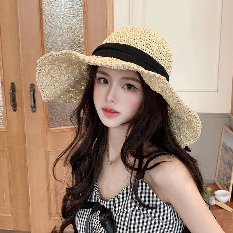 

New Straw Hat Women's Summer Strap Big Brim Beach Hat Foldable Vacation Summer Hat Sunscreen Sunshade Hat