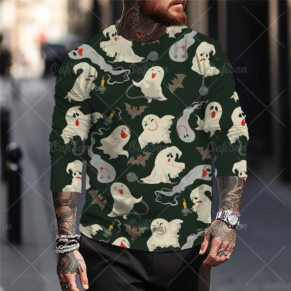 

2023 Horror Halloween T Shirt For Men Pumpkin Print Hip Hop Street Winter Apparel Loose Long Sleeve Top Oversized Cotton T-Shirt