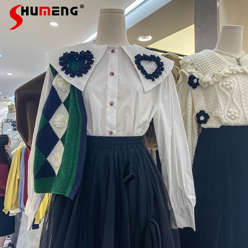 

2022 Spring New Flower Beaded Doll Collar White Shirt Women's Green Plaid Sleeveless Knitted Cardigan Sweater Vest Jacket Top