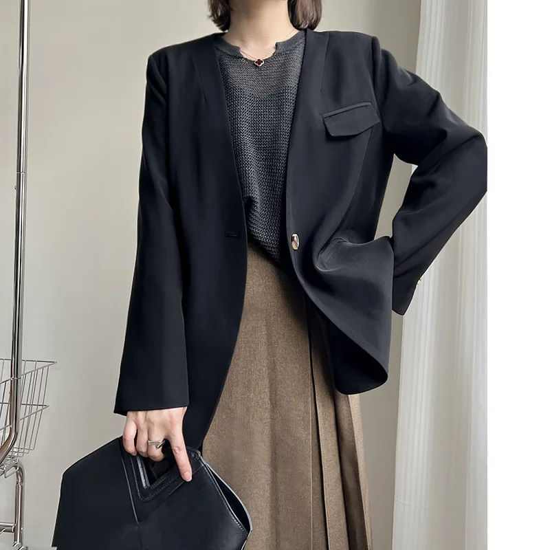 

Women's Black Blazer Women Niche Tops 2023 Spring And Autumn Loose Casual Suit French Solid Color Hundred