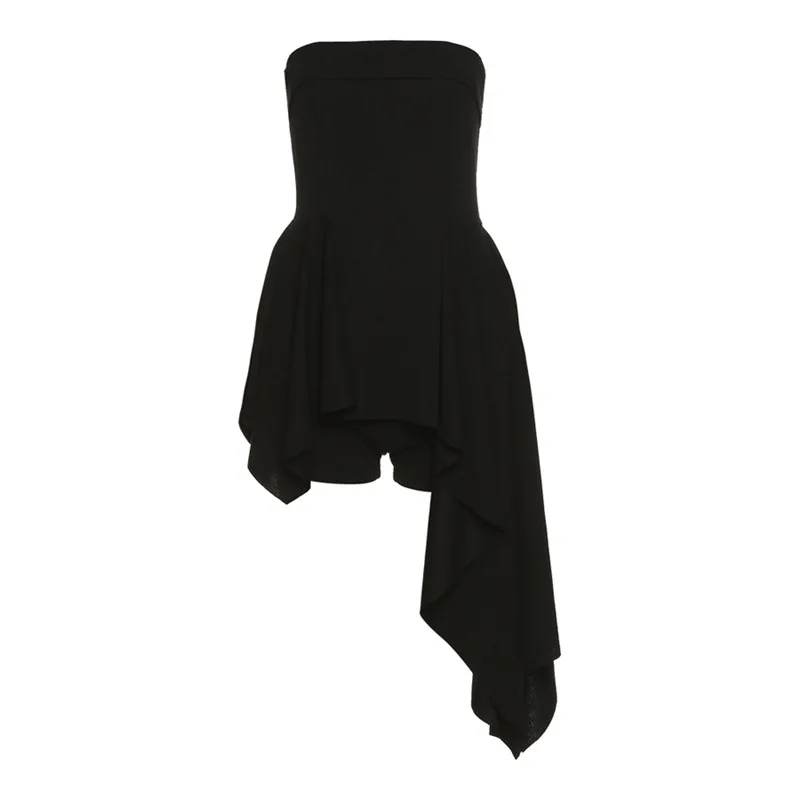 

Black High Waist Irregular Dress Women's Solid Color Sexy One-Line Neck Wrap Breast Mini Skirt Sleeveless Strapless Casual Dress