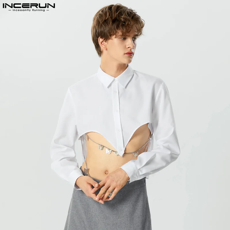 

INCERUN Men Irregular Shirts Solid Color Lapel Long Sleeve Streetwear Fashion Men Clothing 2023 Button Casual Sexy Camisas S-3XL