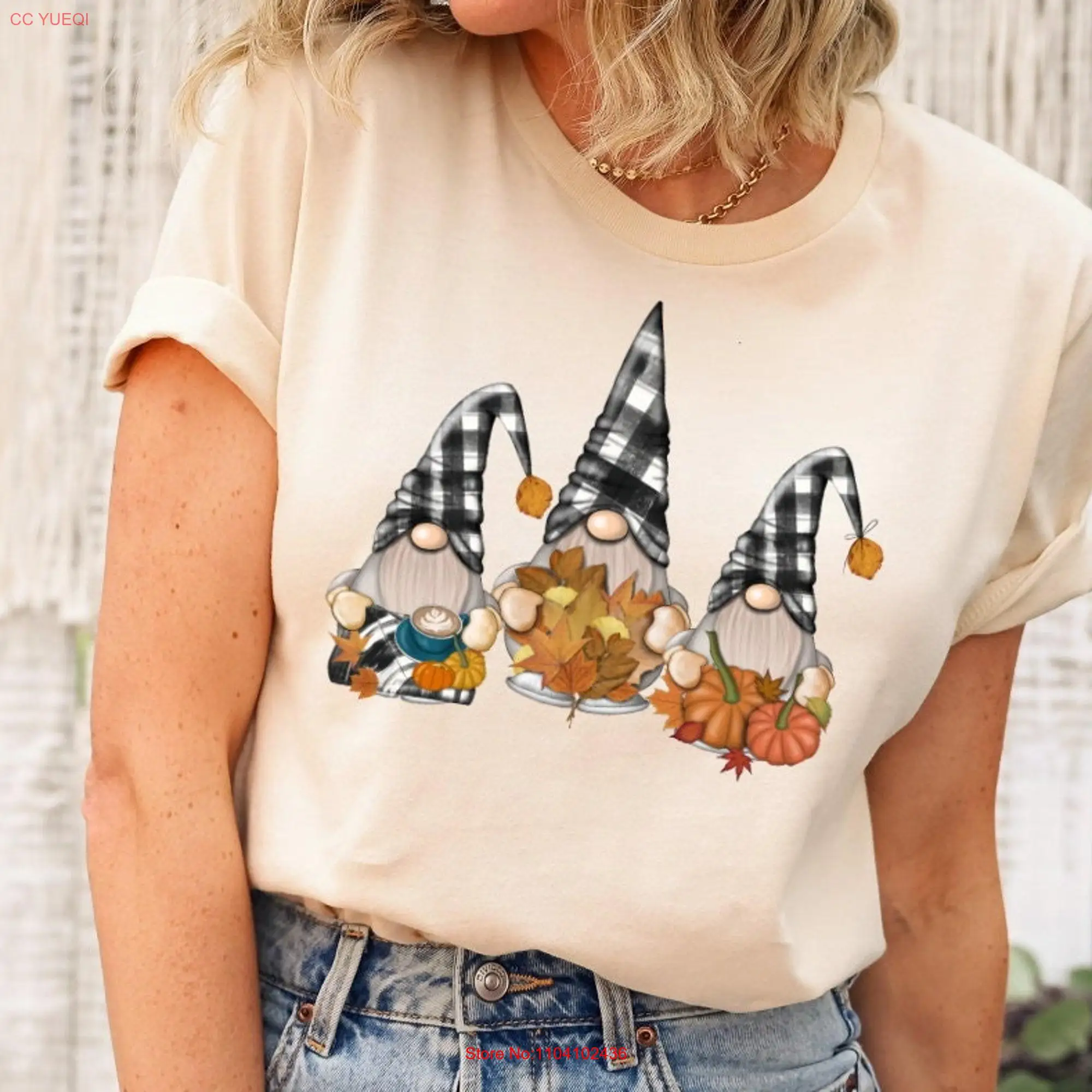 Милая Осенняя клетчатая футболка с гномом забавная нашивкой в виде тыквы новинка