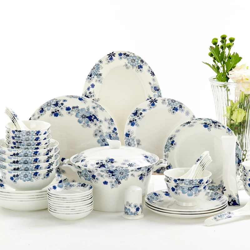 

Bone Tangshan China 50 pieces of Chinese tableware deep disc flower set microwave oven ceramic creative dish plate