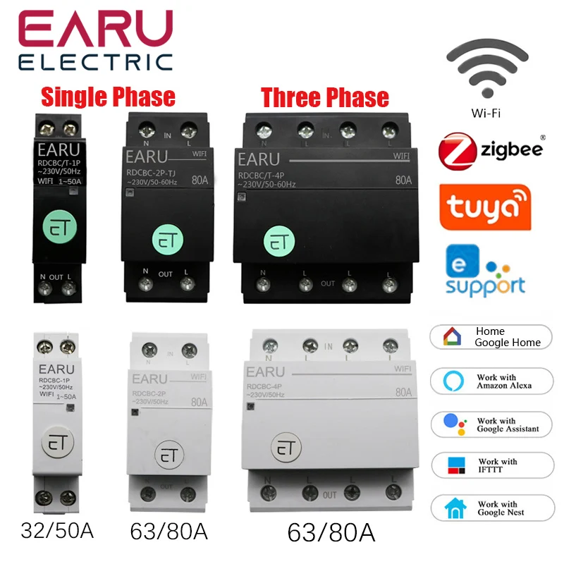 

Умный автоматический выключатель 1P + N/4P Zigbee/Wi-Fi, выключатель с голосовым дистанционным управлением через приложение Tuya eWeLink, умный дом Alexa ...