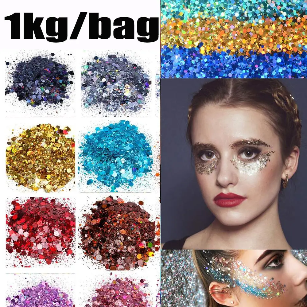 

1KG/Bag Holographic Nail Glitter Powder Bulk Mix-Size Hexagon Flake Nail Art Sequins DIY Chunky Sequins Manicure Decoration 1Kg