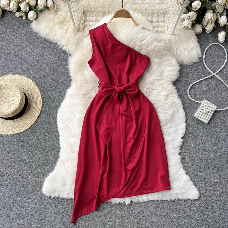 

Summer women Diagonal collar midi Long bow tie dress 2022 Sexy solid High Street dress women Elegant A-line ladies Vestido