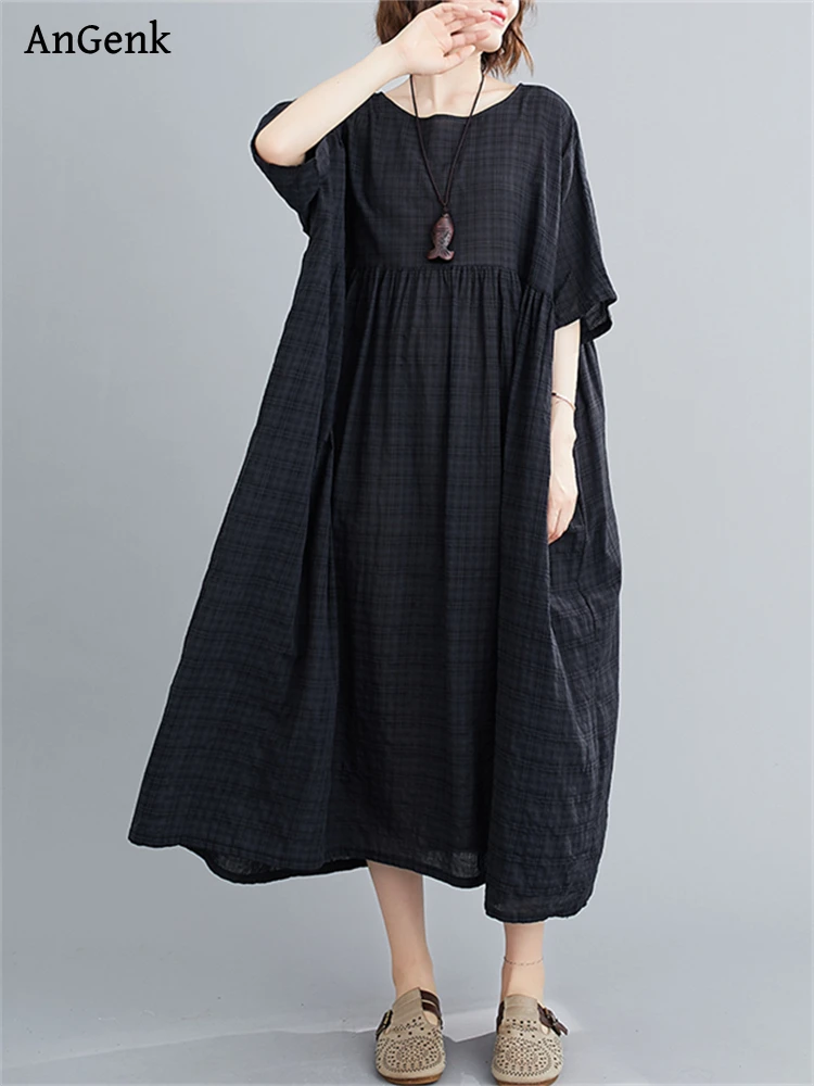 Платье женское хлопковое однотонное с коротким рукавом винтажное повседневное