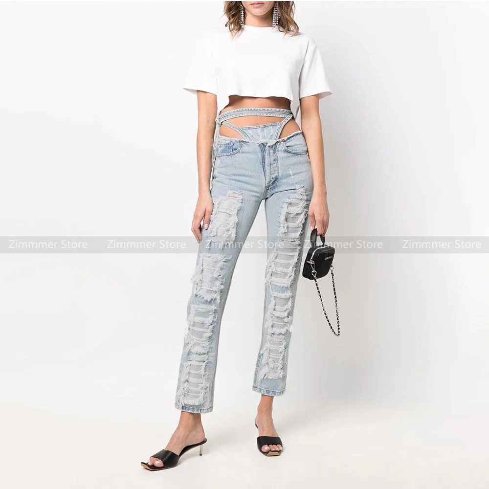 

Women's 23 early autumn new congregation fashion hot diamonds exposed waist straps burlap ripped holes washed do old jeans