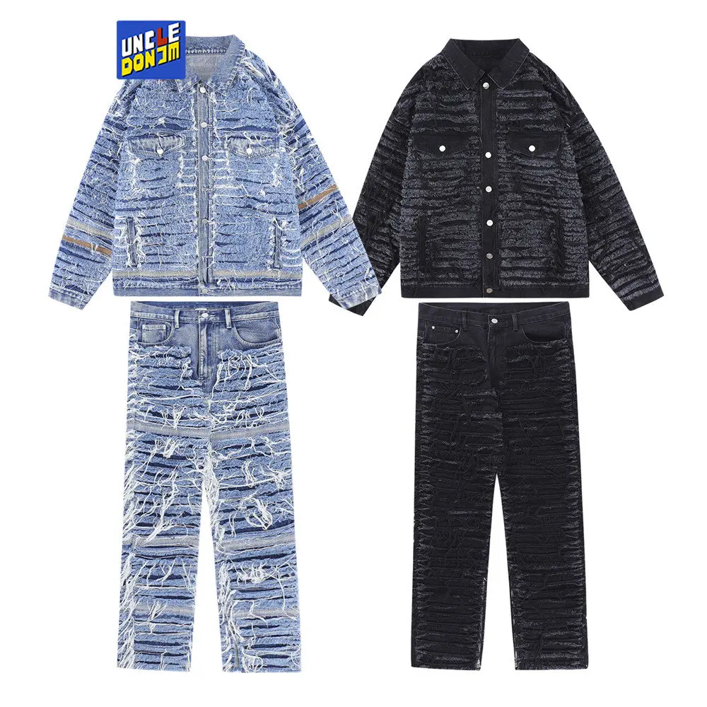 

Mens clothes distressed denim jacket and jeans designer clothes men 2 piece set Streetwear Clothing dropshipping