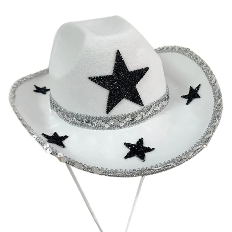 

Sequins Cowgirl Hat for Adult Cowboy Hat with Bling Stars Decorations Rave Hats Fit Most Women for Theme Party White