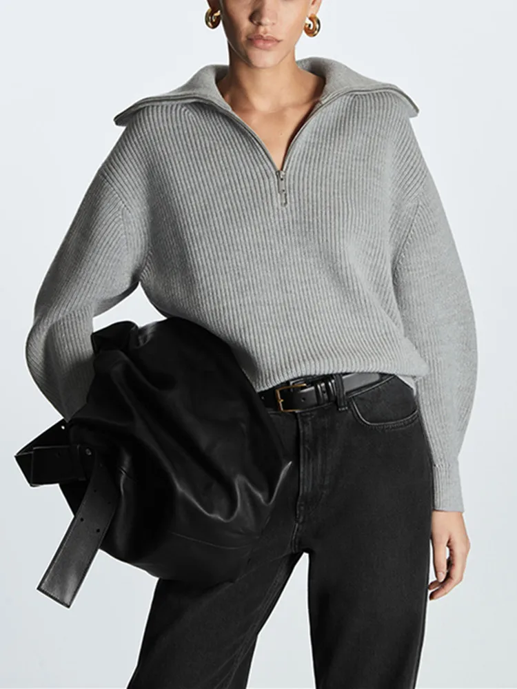 

Women Sweater Half Zipper Loose Knitted Pullover Casual Jumper