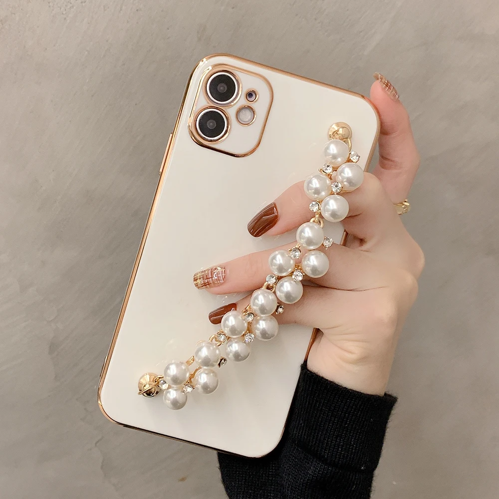 

Plating Wrist Chian Strap Case For iPhone 14 13 Pro MAX 7 8 Plus X XR XS 11 12 Pro Mini Blingbling Pearl Bracelet Coque Cover