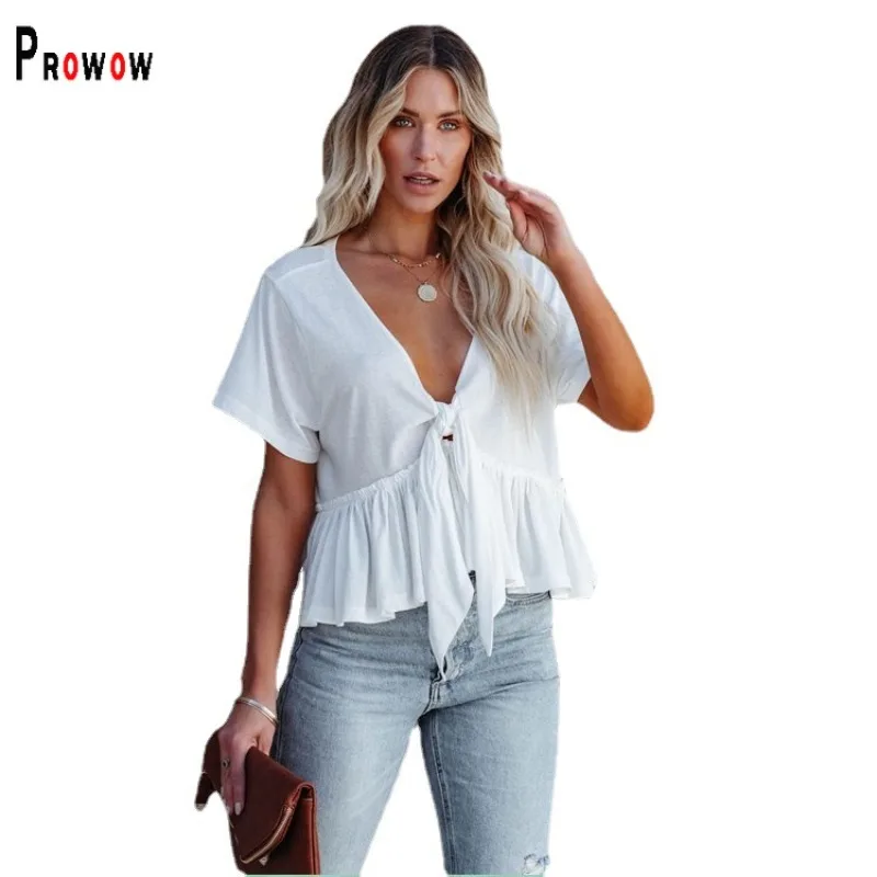 

Prowow Sexy V-nekc Women Shirts Ruffle Solid Color Bow Female Tops Clothes Short-sleeved Summer Pullovers T-shirts Camisetas