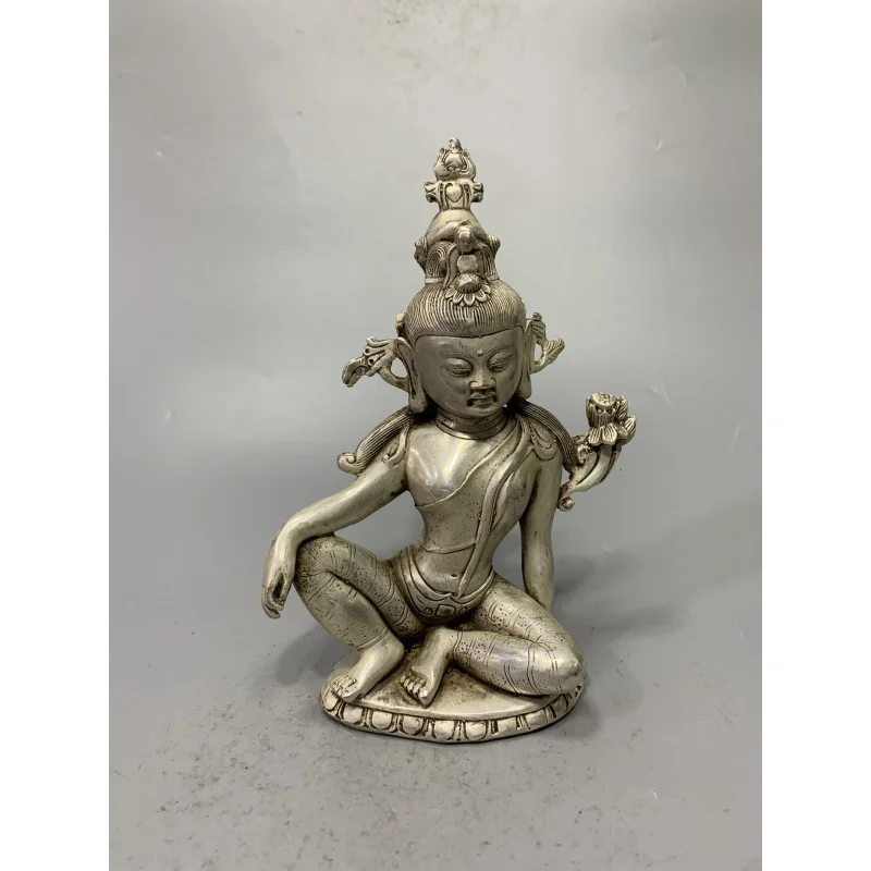 

White copper silver plated antique home decoration of old Manjusri Guanyin Buddha