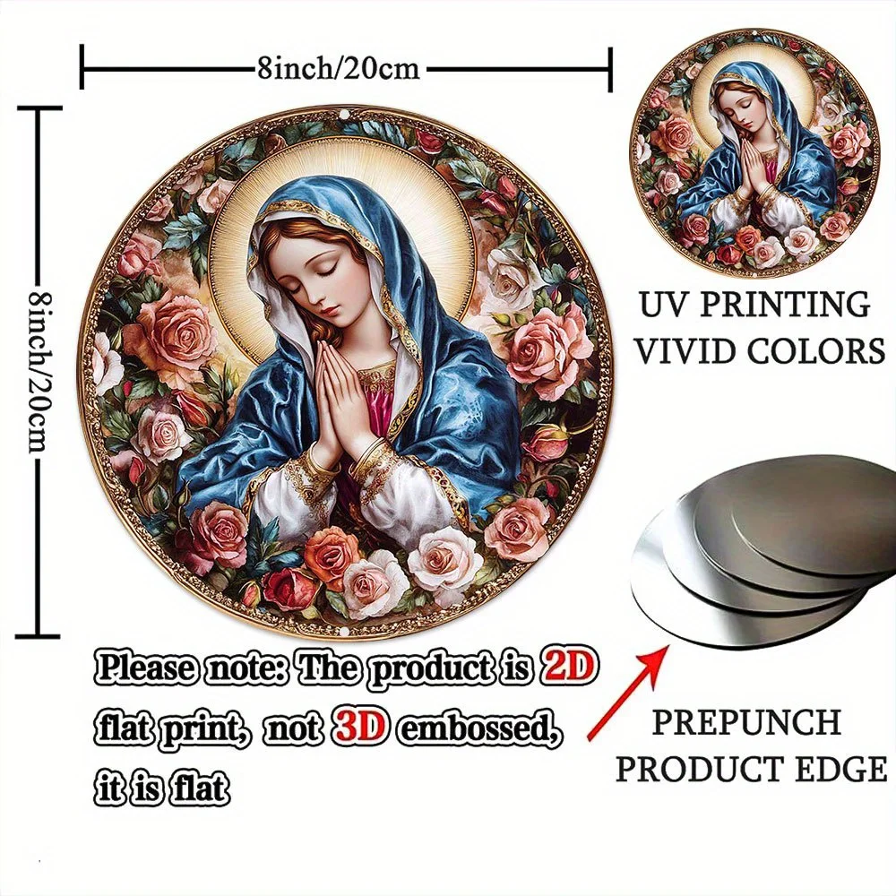 Вдохновляющий круглый алюминиевый металлический настенный рисунок Девы Марии с