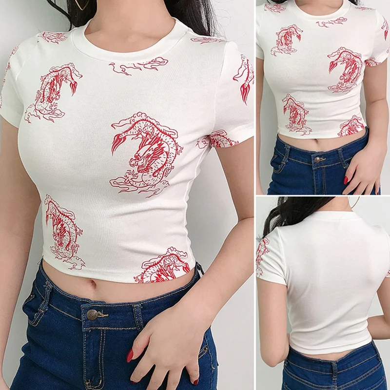 

Women's Round Neck Wind Dragon Print Round Neck Bottoming Shirt Ladies Crop Tops White