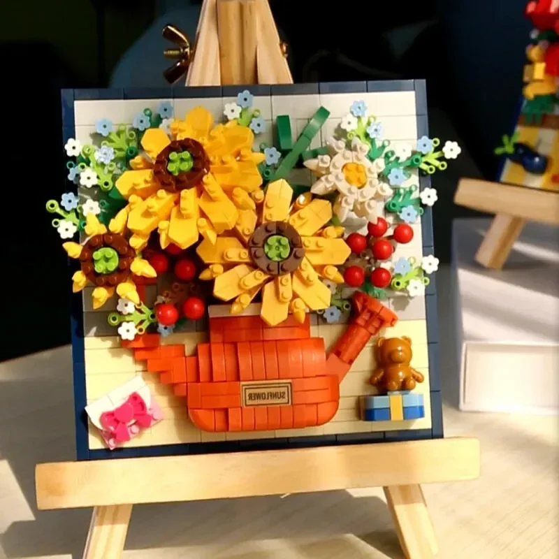 

Роза, солнце, цветок, искусственное украшение для дома, 3D модель, букет подсолнухов, роза, строительные блоки, кирпичи, игрушка, сделай сам, в горшке, подарок