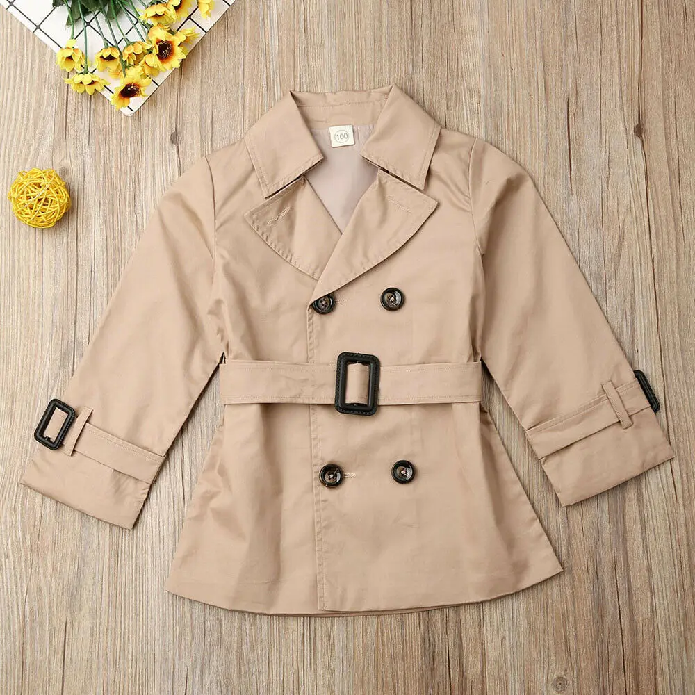 

Lapel Autumn Belt Toddler Long Jacket Casual Trench Fashion Sleeve Trench Lined Khaki With Kids Girls For Coat 2-7years Outwear