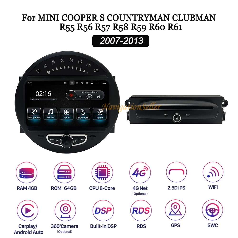 Android 13 64G беспроводной CarPlay авто для BMW Mini Cooper R55 R56 R57 R58 R59 Countryman R60 R61 2007-2013 радио Gps