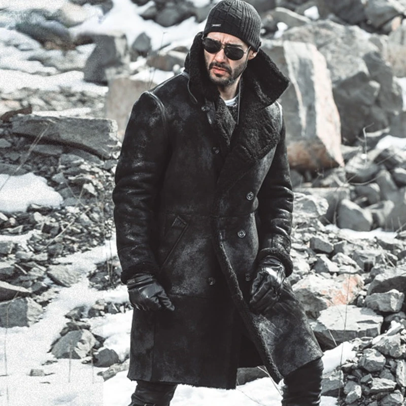 

2022 Fashion Men's Genuine Fur Shearling Warm Trench Winter Casual Retro Outdoor Long Coat Luxury Trendy Leather Clothes