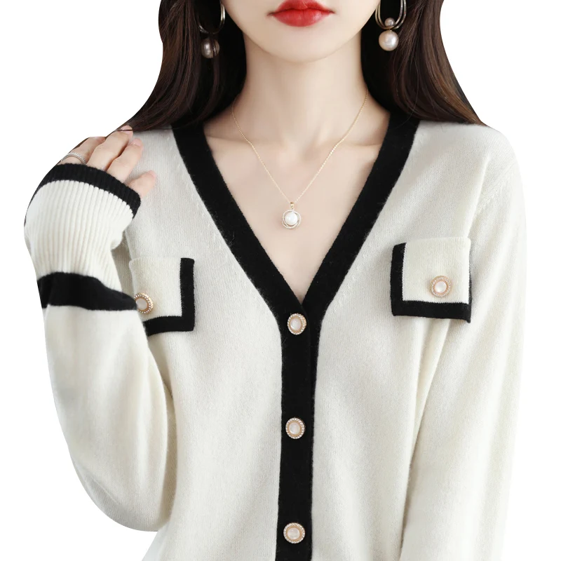 

Lafarvie Women Outerwear V-neck Spring Autumn Knitted Cashmere Cardigans Solid Single Breasted Women's Sweaters Knitwear