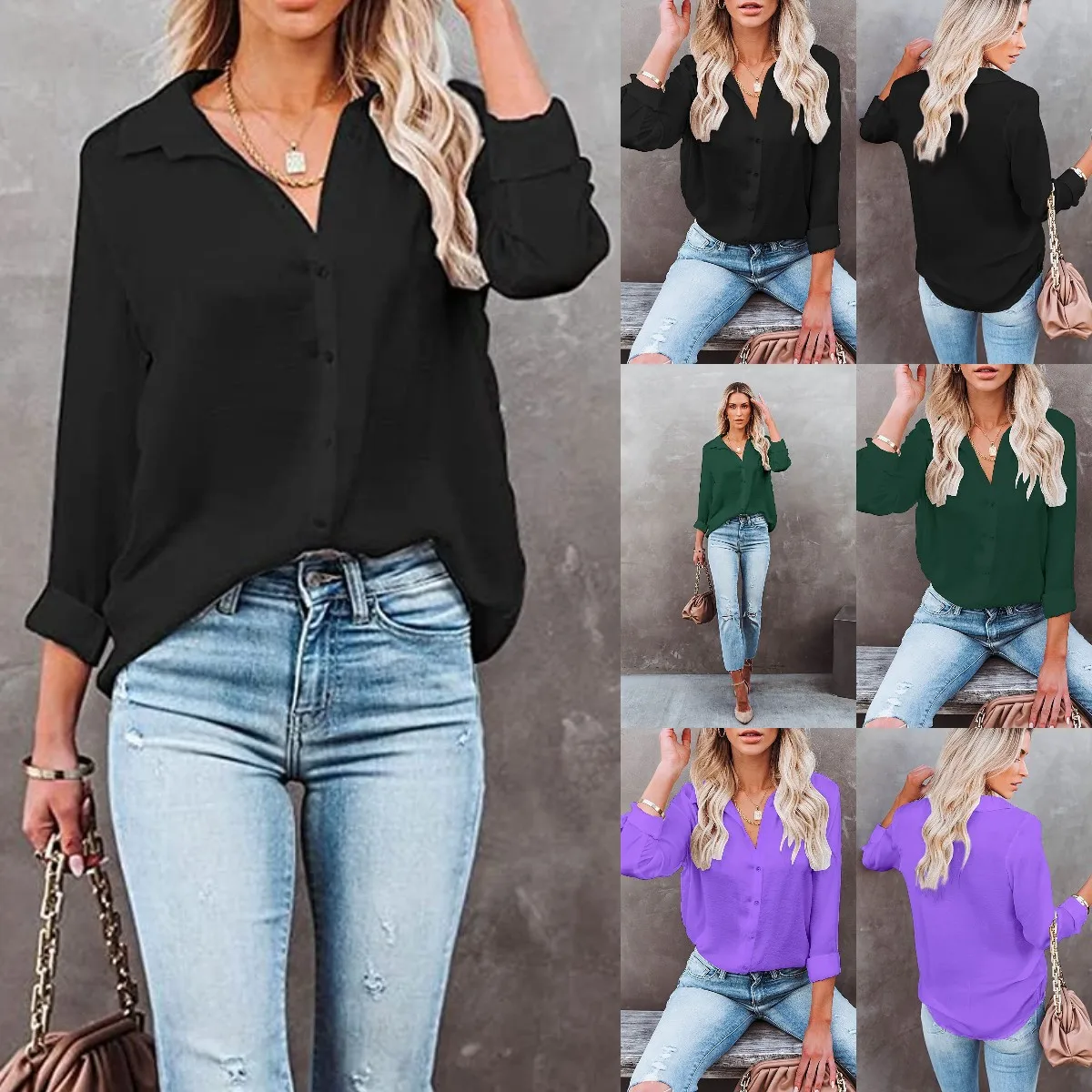 

2022 Весенняя модная однотонная приталенная женская рубашка на пуговицах, винтажная блузка с длинным рукавом, топ, Повседневная Офисная Женс...