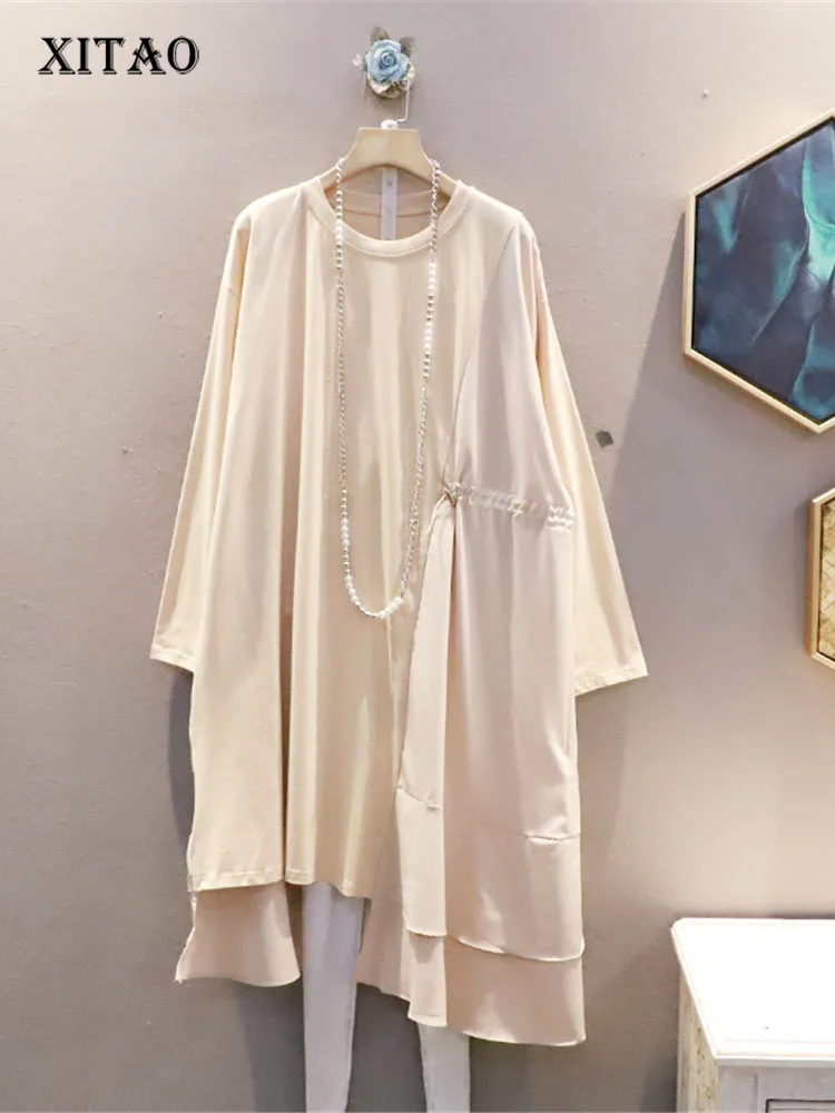 

XITAO Irregular Pleated Dress Pullover Solid Color Small Fresh Full Sleeve Minority Elegant Patchwork Mid Calf Dress ZY7576