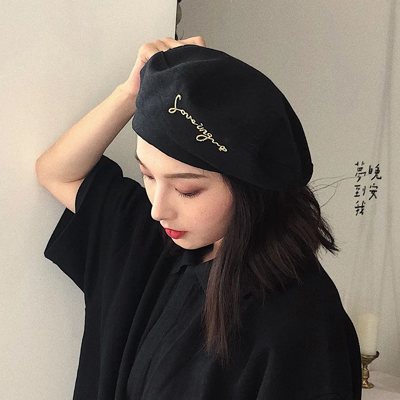 

Women Hat Beret Letter Embroidery Four Seasons Japanese British Fashion Retro Painter Cap Wild Octagonal Hat Casual Hat