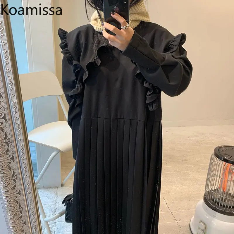 

Koamissa Loose Dress for Women Long Sleeves Sweet Turn-down Collar Straight Pleated Dresses Female Korean Vestidos Ropa Mujer