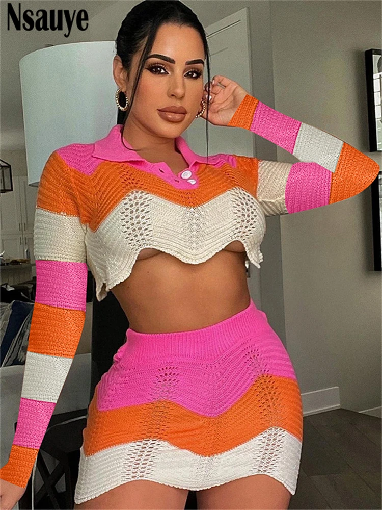

Nsauye Sexy Women 2022 Autumn Winter Knitted Striped Crop Tops And Mini Orange Wrap Skirt Club High Wasit Dress Two Piece Set