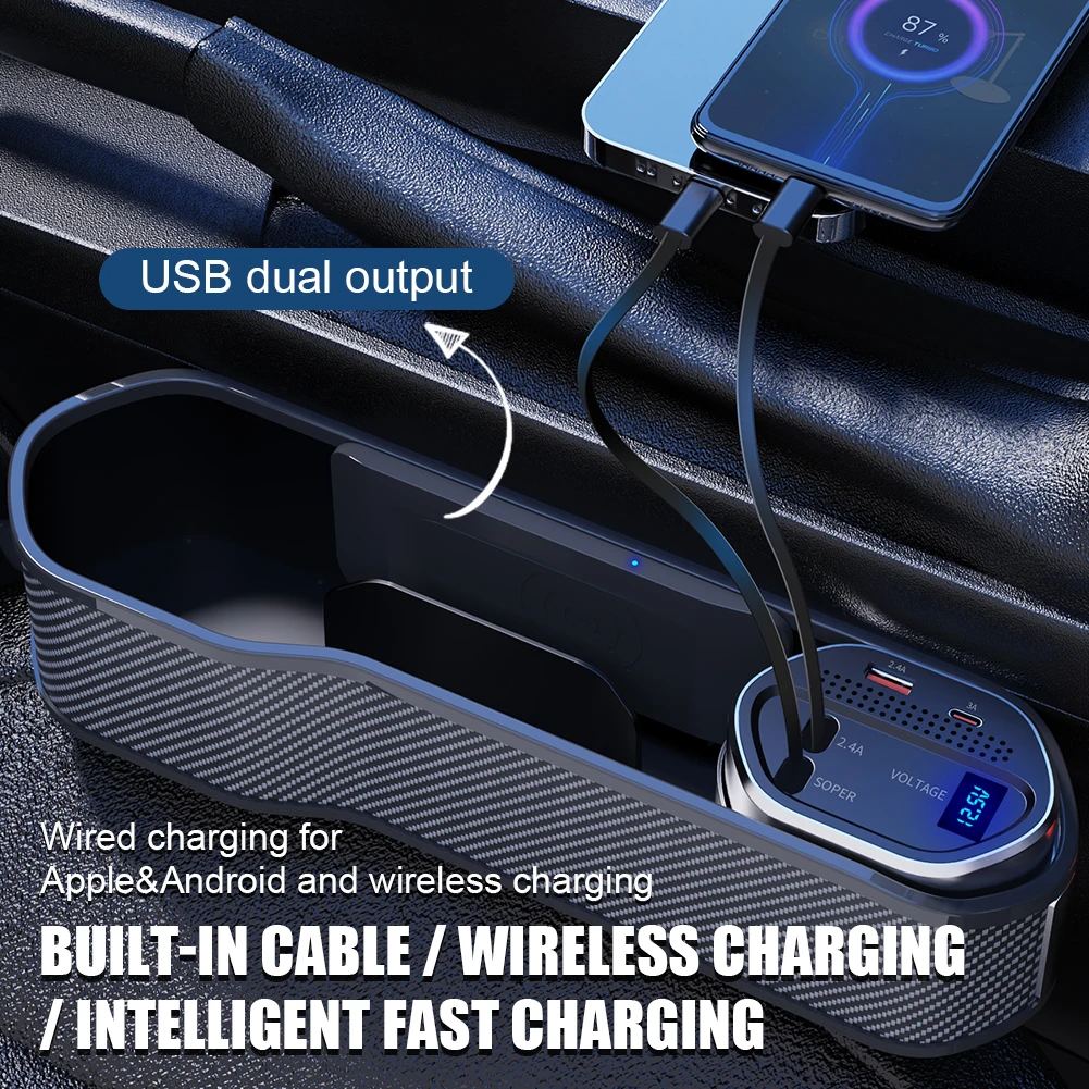 

Car Seat Gap Filler With Wireless Charger Front Seat Center Console Organizer Car Storage Box Type C Fast Charging Adapter
