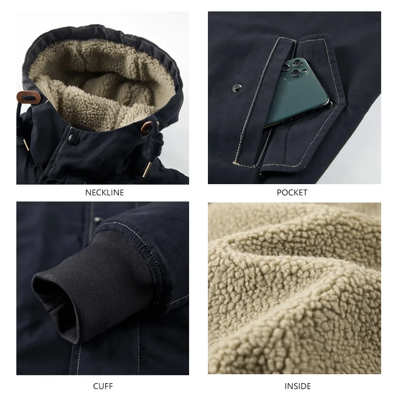 Winter Washed Cashmere Workwear Hooded Jackets Imitation Lamb Fleece Warm Jacket Outdoor Sports Casual Coats Parka Hombre