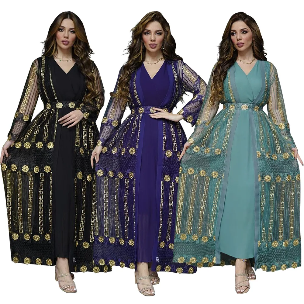 XQY500140 Middle East 2023 New Embroidered Mesh Cloth Coat with Chiffon Sundress Suit Kaftan Dress Muslim Abaya Dress Dubai