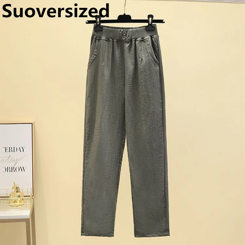 Oversized 4xl Summer Thin Ice Silk Ankle-length Pants Baggy Casual High Waist Pantalones Fashion Women's Straight Trousers