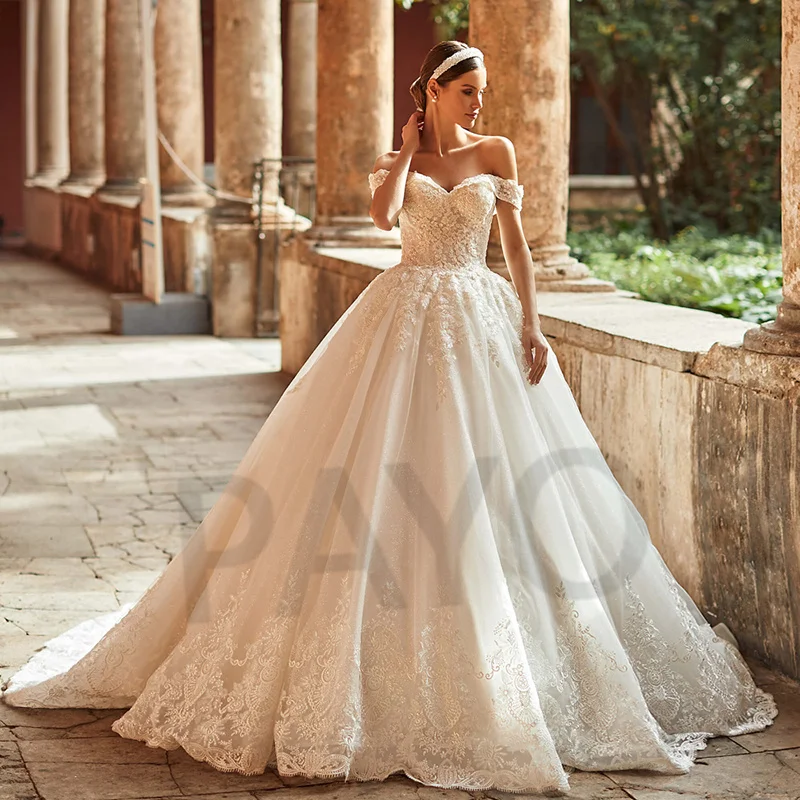 

Luxury Elegant Wedding Dress Appliques A-Line Sexy Off the Shoulder Lace Up Prom Gown Princess Vestido De Novia Women 2022