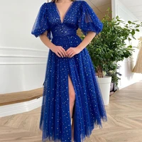 sevintage sparkly royal blue starry tulle prom dresses puff sleeves%c2%a0v neck tea length a line evening gowns formal party dress