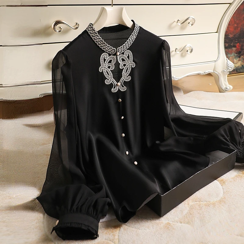 

Satin Shirt for Women Summer 2023 New In Silk Vintage Embroidery Blouses Loose Long Sleeve Black Top O-Neck Delicate YCMYUNYAN