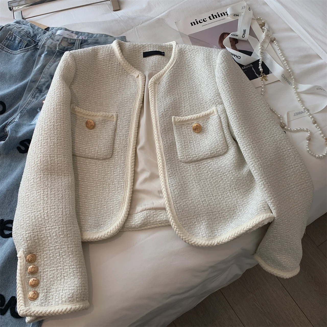 

Celebrity Woven Blend Metal Buckle Small Fragrant Wind Jacket Spring New Temperament Linen Lace Without Buckle Suit Coat Women