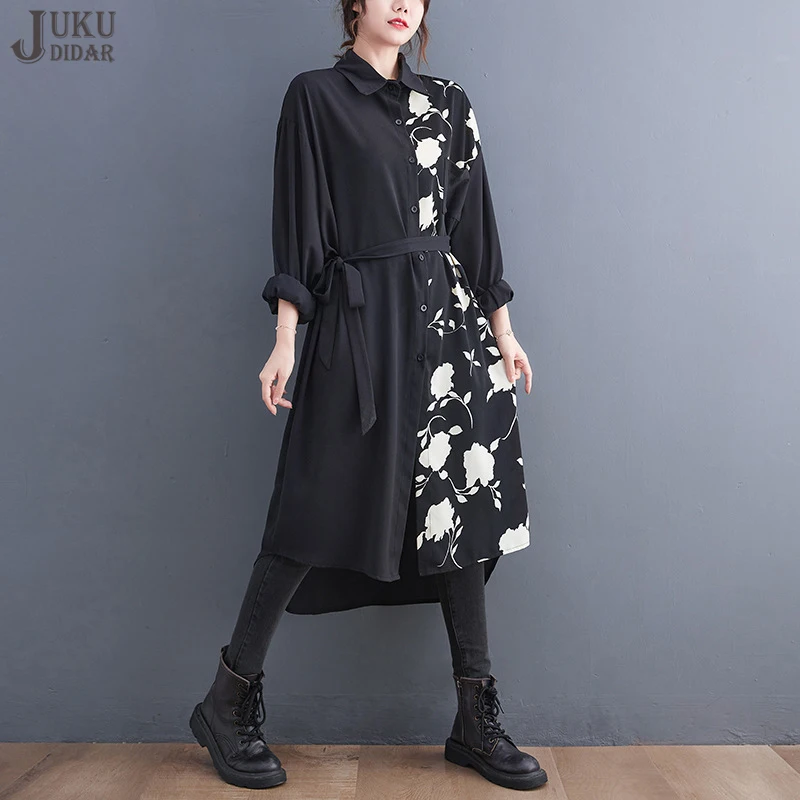 

Flowers Printed New Autumn Woman Floral Printed Loose Fit Big Size Long Black Shirt Dress With Belt Casual Large Robe JJXD212