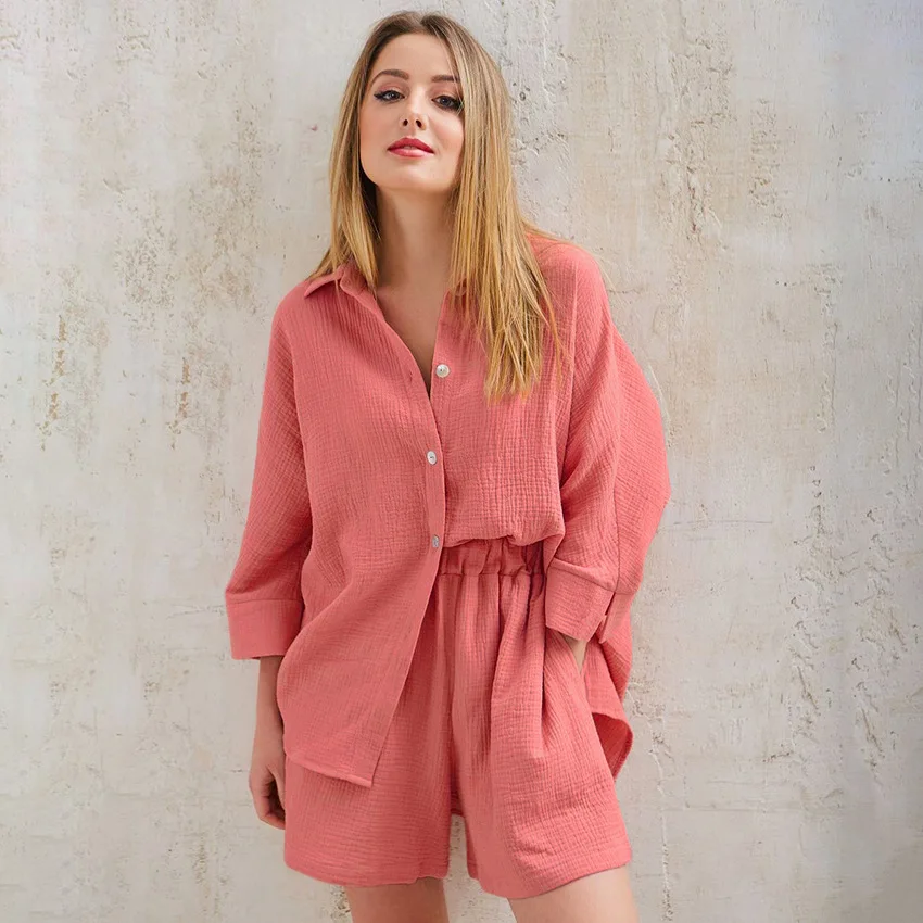 

Casual Sleepwear Cotton Pajamas For Women Sets Suit Turn-Down Collar Nine Quarter Sleeve Sleep Tops Shorts Female Homewear