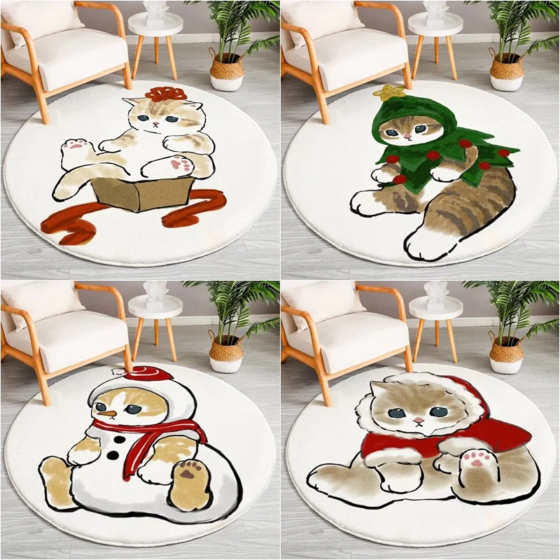 

Christmas Cartoon Mat Kids Play Mat Cat Animal Round Carpet Bedroom Mat Living Room Carpet Kitchen Bathroom Anti-Slip Mat