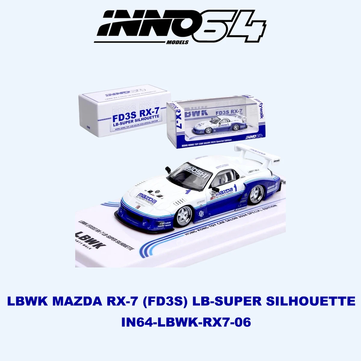 Фото INNO64 1:64 LBWK Mazda RX-7 FD3S 3 варианта исполнения: белый, синий # 1 / Зеленый апельсин # 55 / Черно-красная модель автомобиля из литого металла в наличии №4