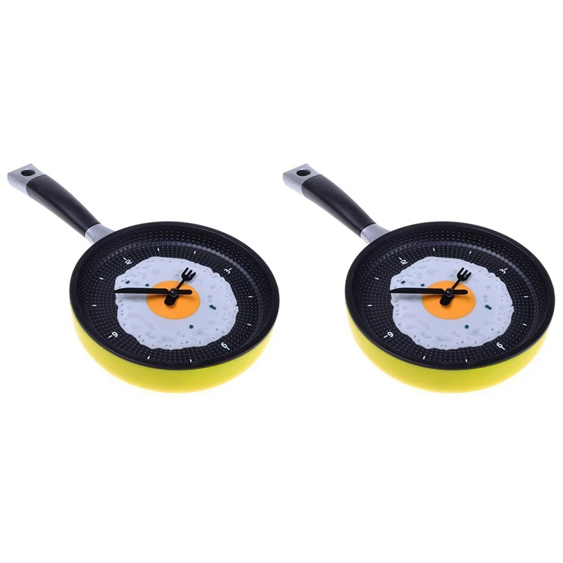 

2X Frying Pan Clock With Fried Egg - Novelty Hanging Kitchen Cafe Wall Clock Kitchen - Yellow